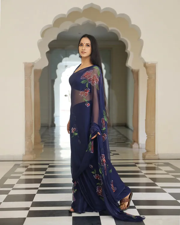 Navy_Blue_Floral_H_Painted_Chiffon_Saree_For_Women